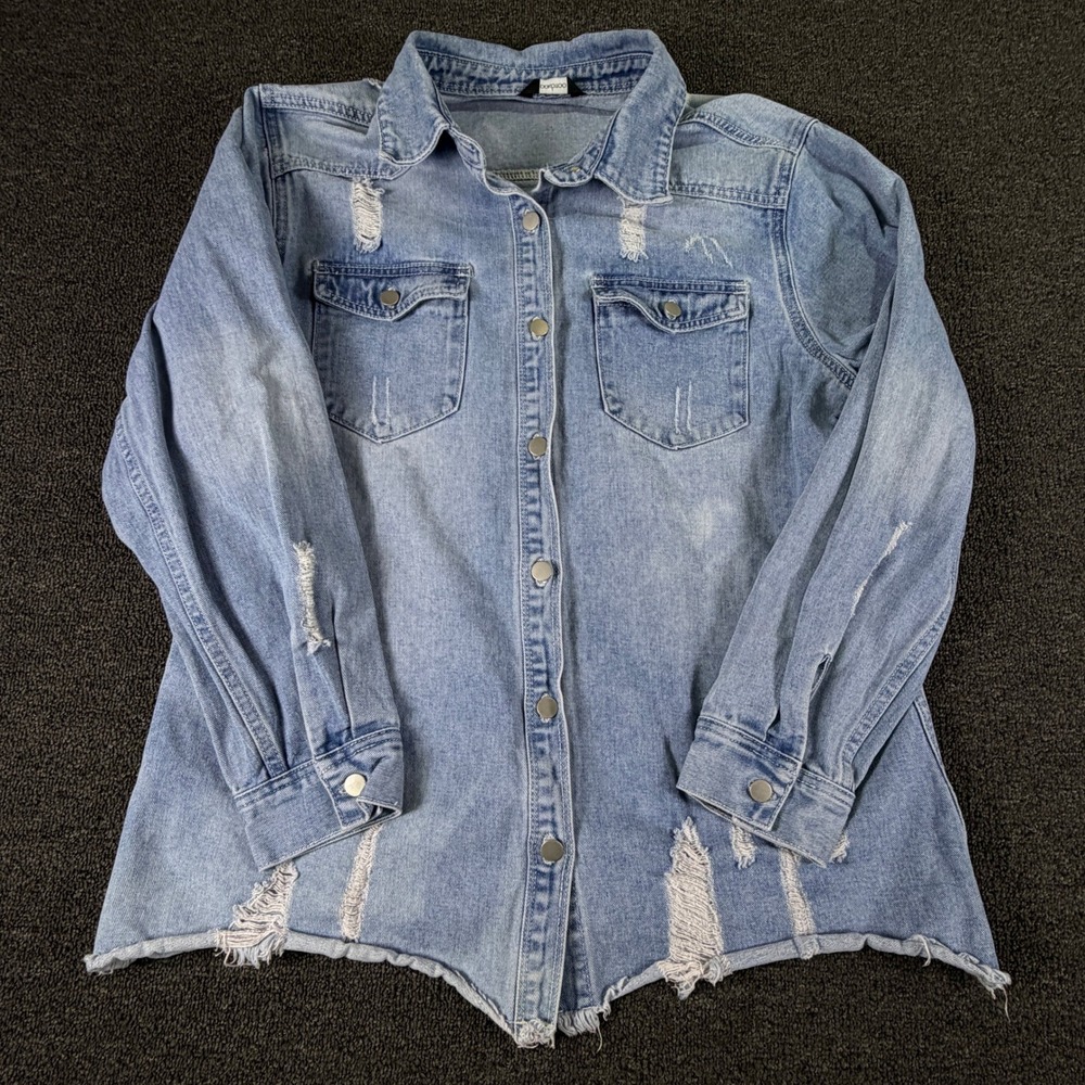 Dokotoo Shirt Womens XL Distressed Light Blue Denim Button Down EUC